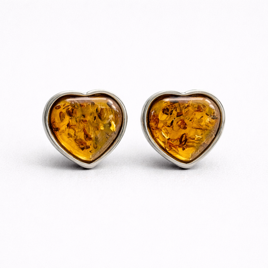 Sterling Silver and Baltic Amber Heart Stud Earrings