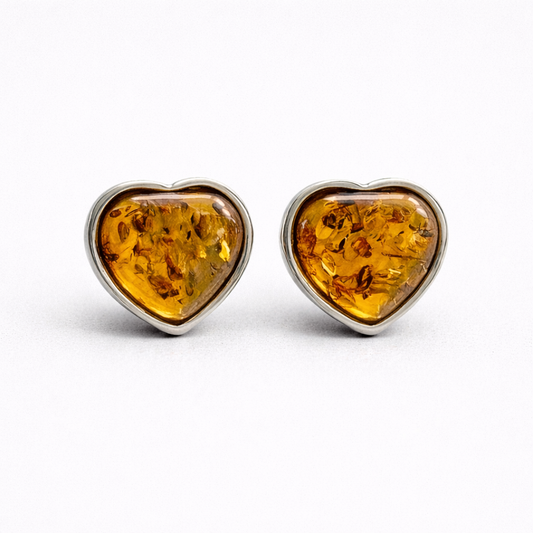 Sterling Silver and Baltic Amber Heart Stud Earrings