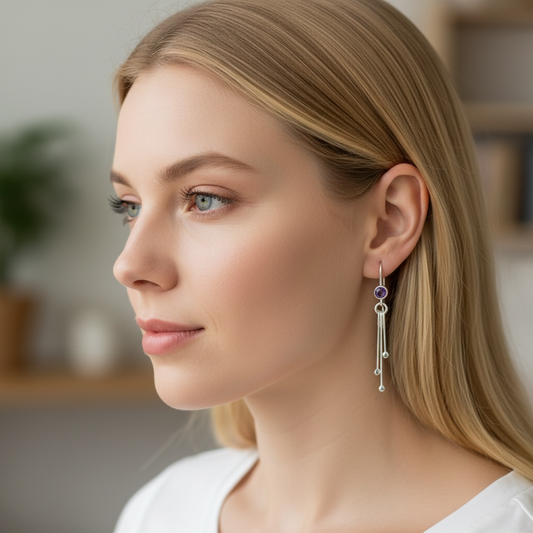 Amethyst birthstone sterling silver dangle earrings.