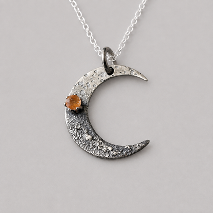 Sunstone crescent moon oxidised sterling silver necklace
