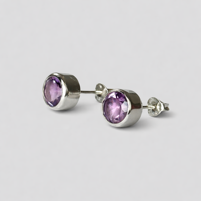 8mm Sterling Silver Amethyst Stud Earrings.