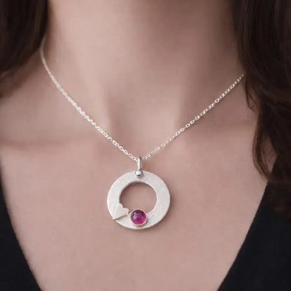 Pink Tourmaline Necklace – Sterling Silver Circle Pendant with Heart