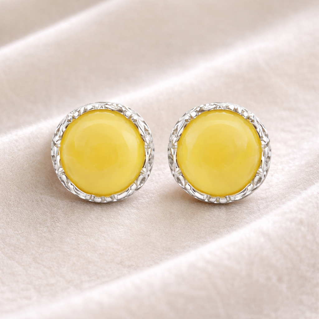 Honey Baltic Amber Stud Earrings – Round Amber in 925 Sterling Silver