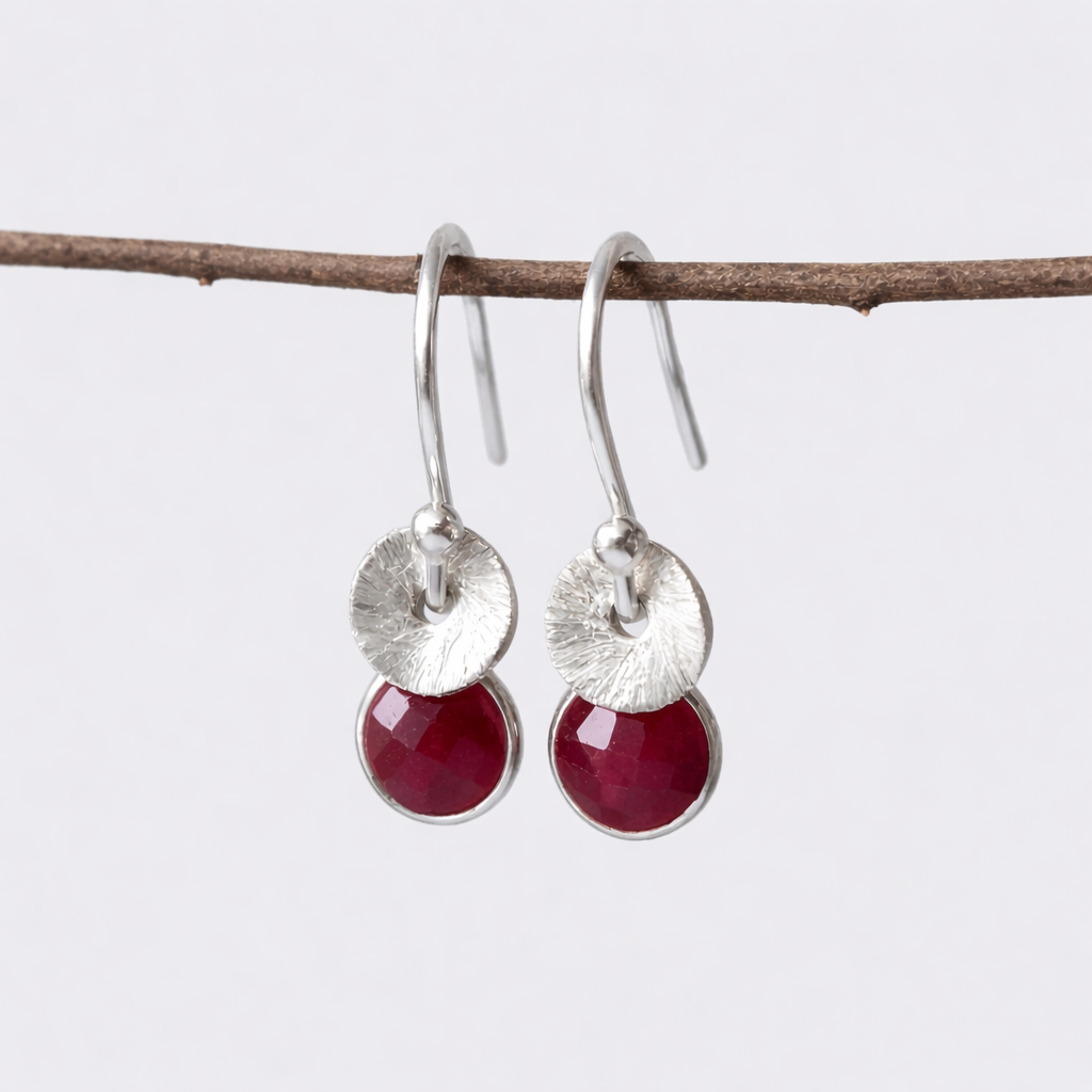 Sterling silver dangle ruby earrings. July birthstone earrings.