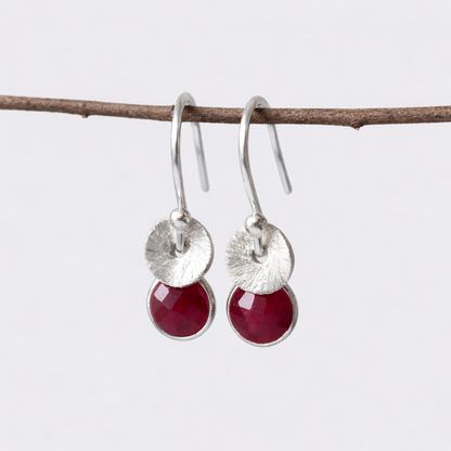 Sterling silver dangle ruby earrings. July birthstone earrings.