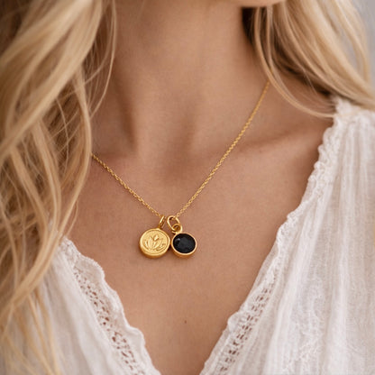 Black onyx, lotus charm, 24k gold vermeil necklace