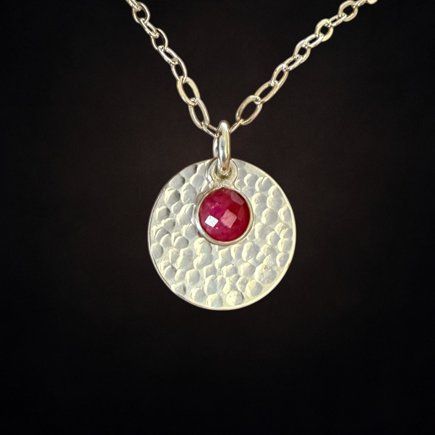 Minimalist Sterling Silver Disc Necklace with Ruby Charm