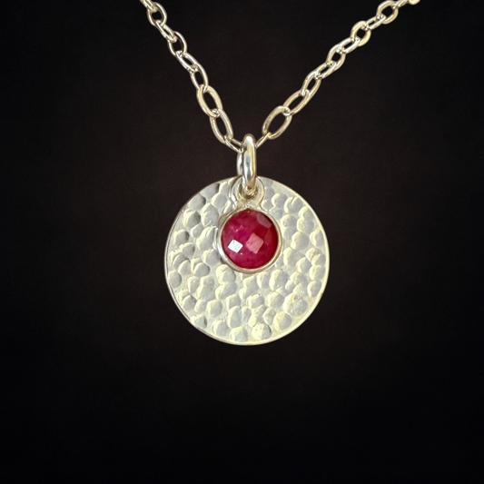 Minimalist Sterling Silver Disc Necklace with Ruby Charm