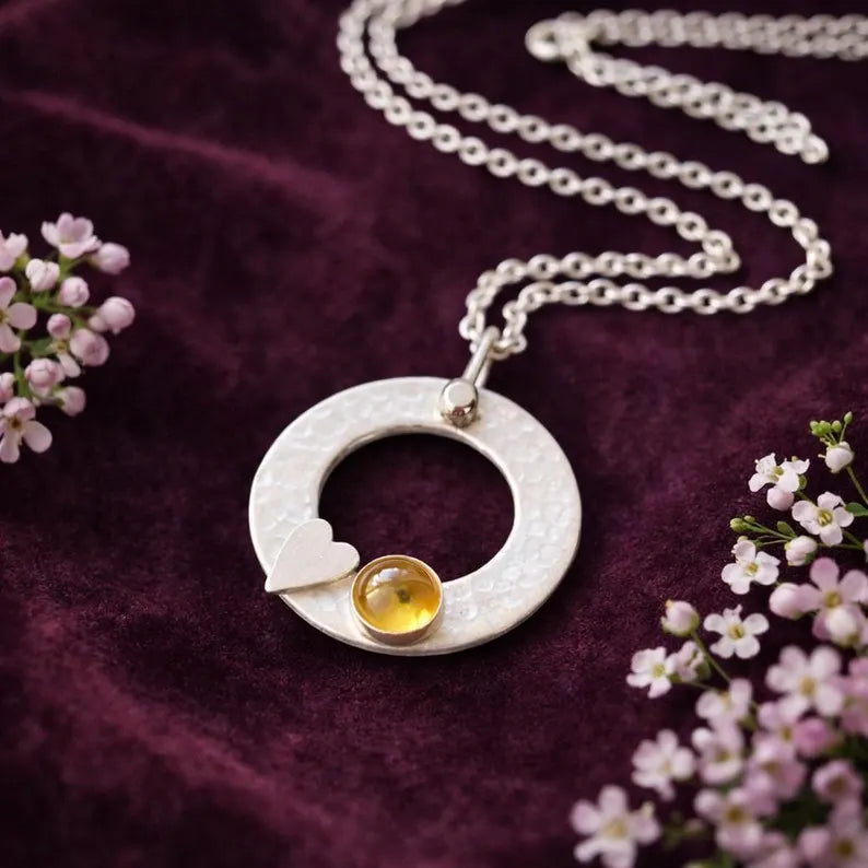 Citrine Necklace – Sterling Silver Circle Pendant with Heart – November Birthstone Jewellery Gift for Her