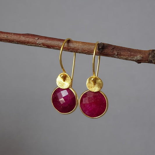Ruby earrings in 24k gold vermeil with faceted gemstones, handmade jewellery by Kaila Jewellery