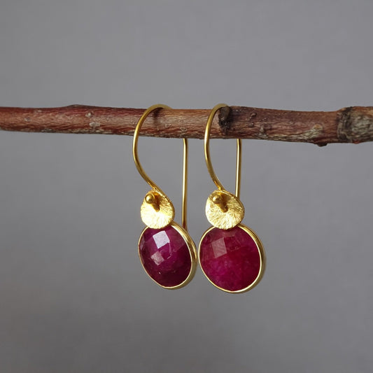 Gold vermeil ruby earrings with textured disc design, July birthstone jewellery gift
