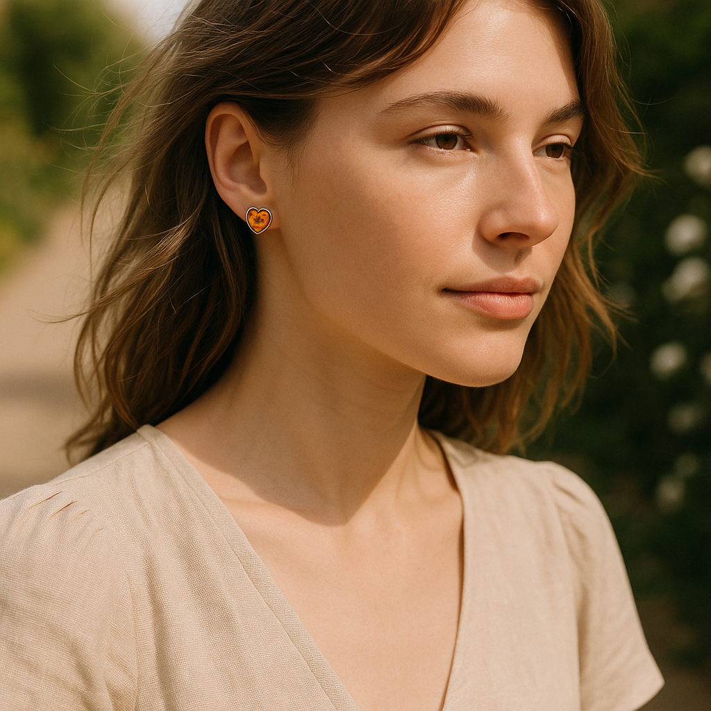 Woman wearing a beige top with a blurred natural background modelling an amber heart earring.
