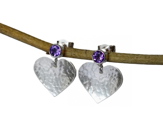 Amethyst February birthstone sterling silver heart stud earrings.