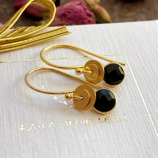 24k gold vermeil earrings featuring a natural black onyx and two small discs of different sizes