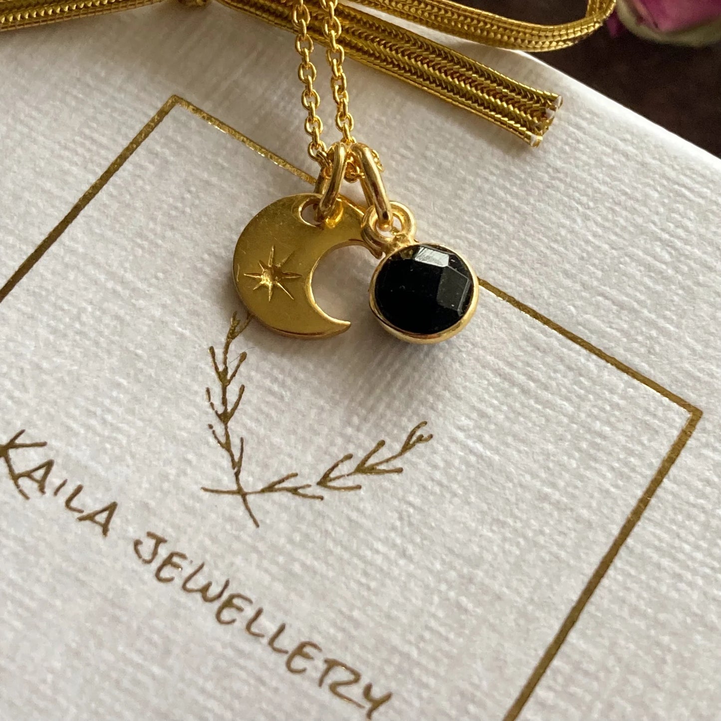 Black onyx and crescent moon charm 24k gold vermeil necklace
