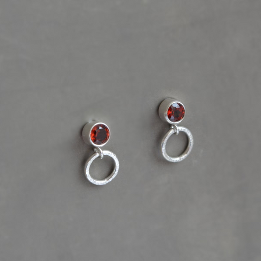 garnet sterling silver stud earrings with small circle