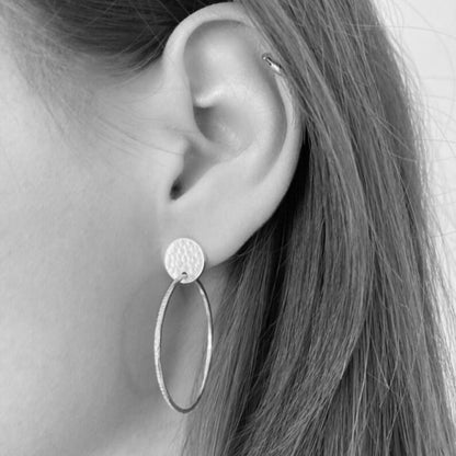 Sterling silver hammered disc and oval stud earrings