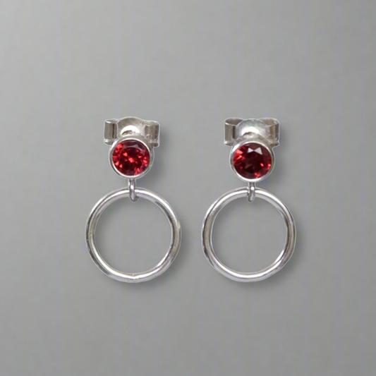 sterling silver garnet and circle stud earrings
