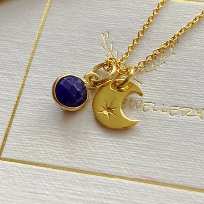 Sapphire, crescent moon, 24k gold vermeil necklace