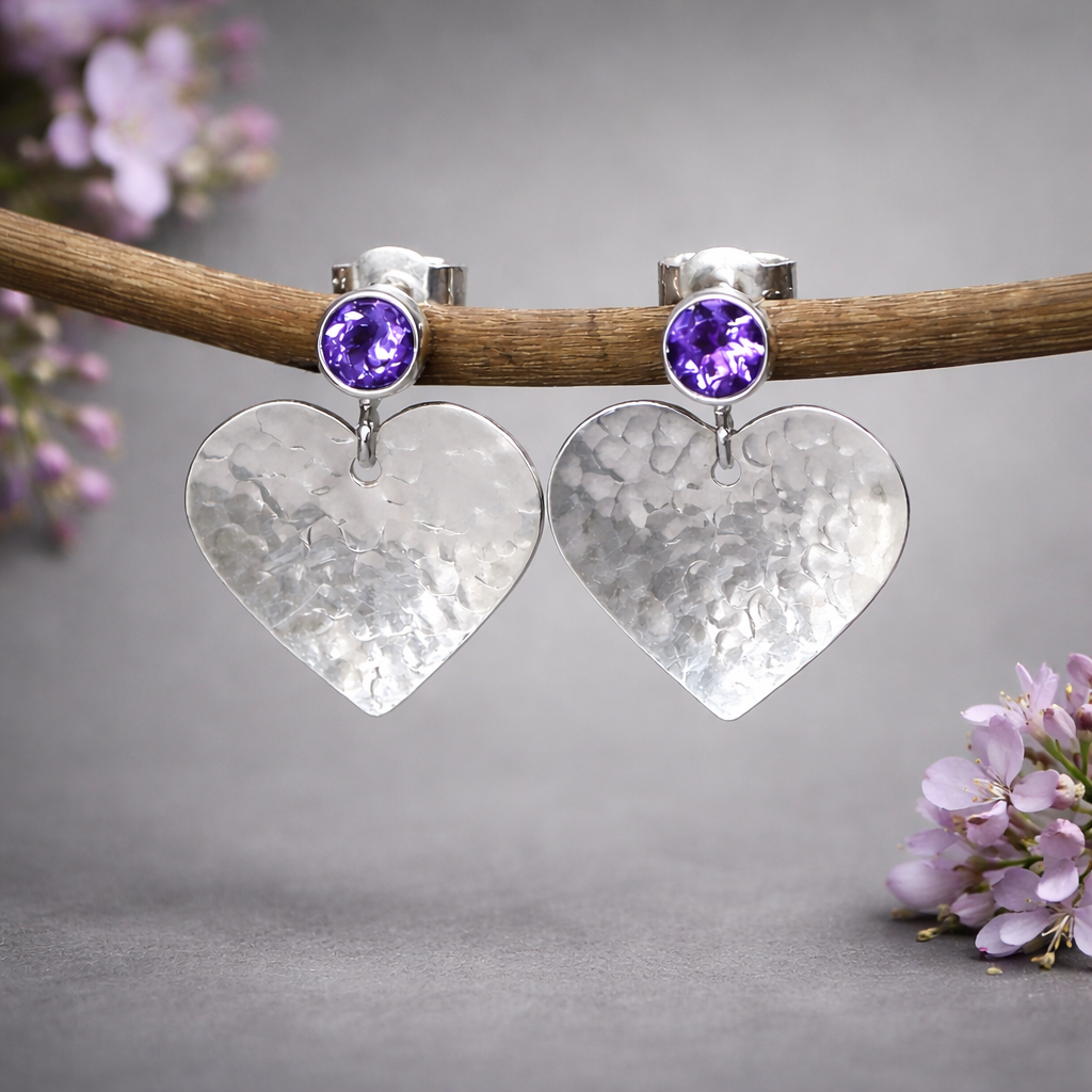Amethyst February birthstone sterling silver heart stud earrings.