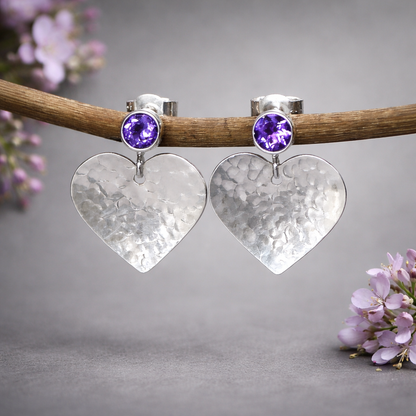 Amethyst February birthstone sterling silver heart stud earrings.