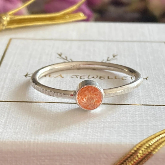Sunstone textured stackable sterling silver ring.