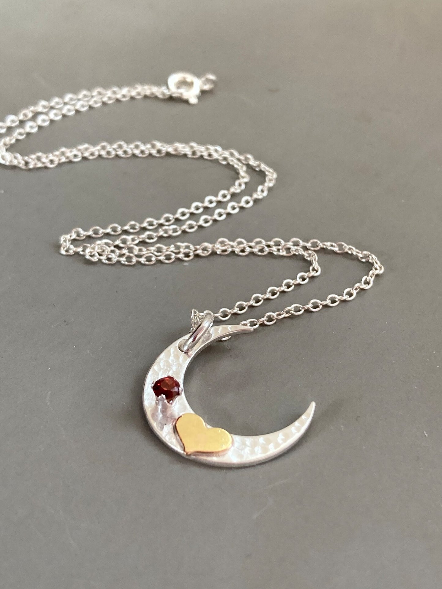 Sterling silver crescent moon, gold filled heart, garnet necklace.