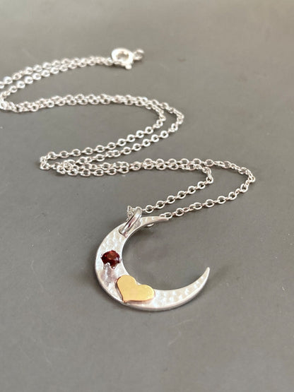 Sterling silver crescent moon, gold filled heart, garnet necklace.