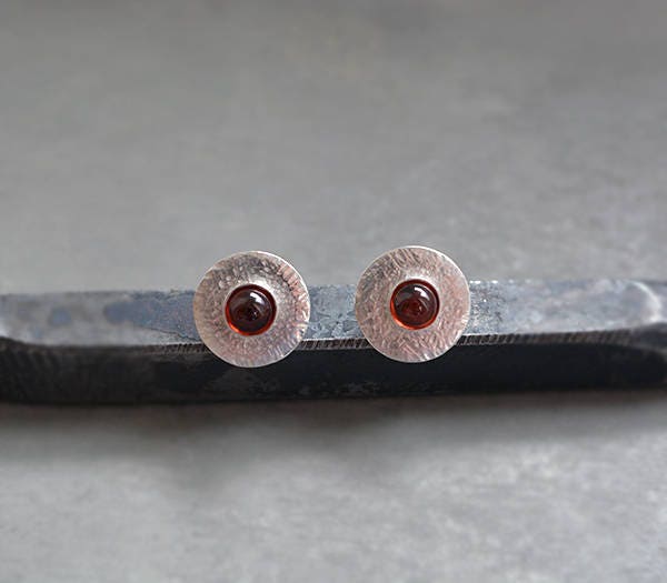 Garnet sterling silver disc stud earrings.