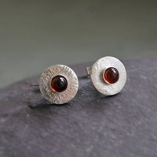 sterling silver garnet textured disc earrings