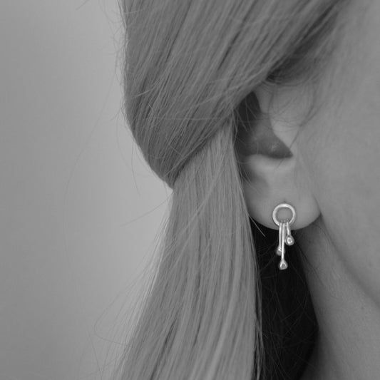 Sterling silver circle and droplets stud earrings.