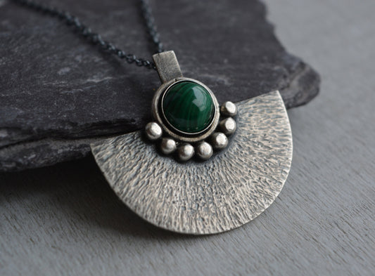 Green malachite sterling silver oxidised necklace.