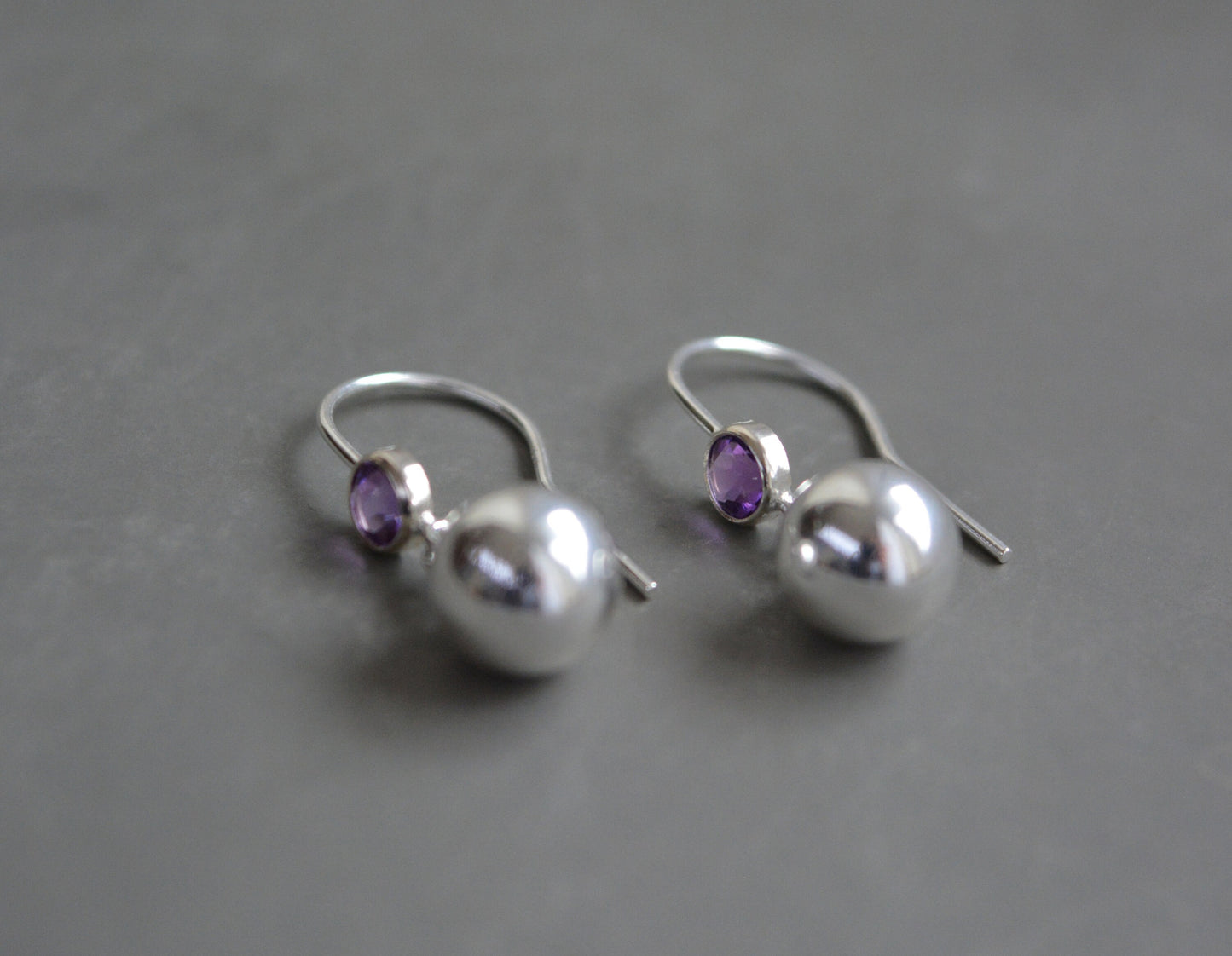 Amethyst sterling silver ball earrings. February birthstone earrings.