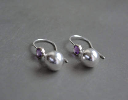 Amethyst sterling silver ball earrings. February birthstone earrings.