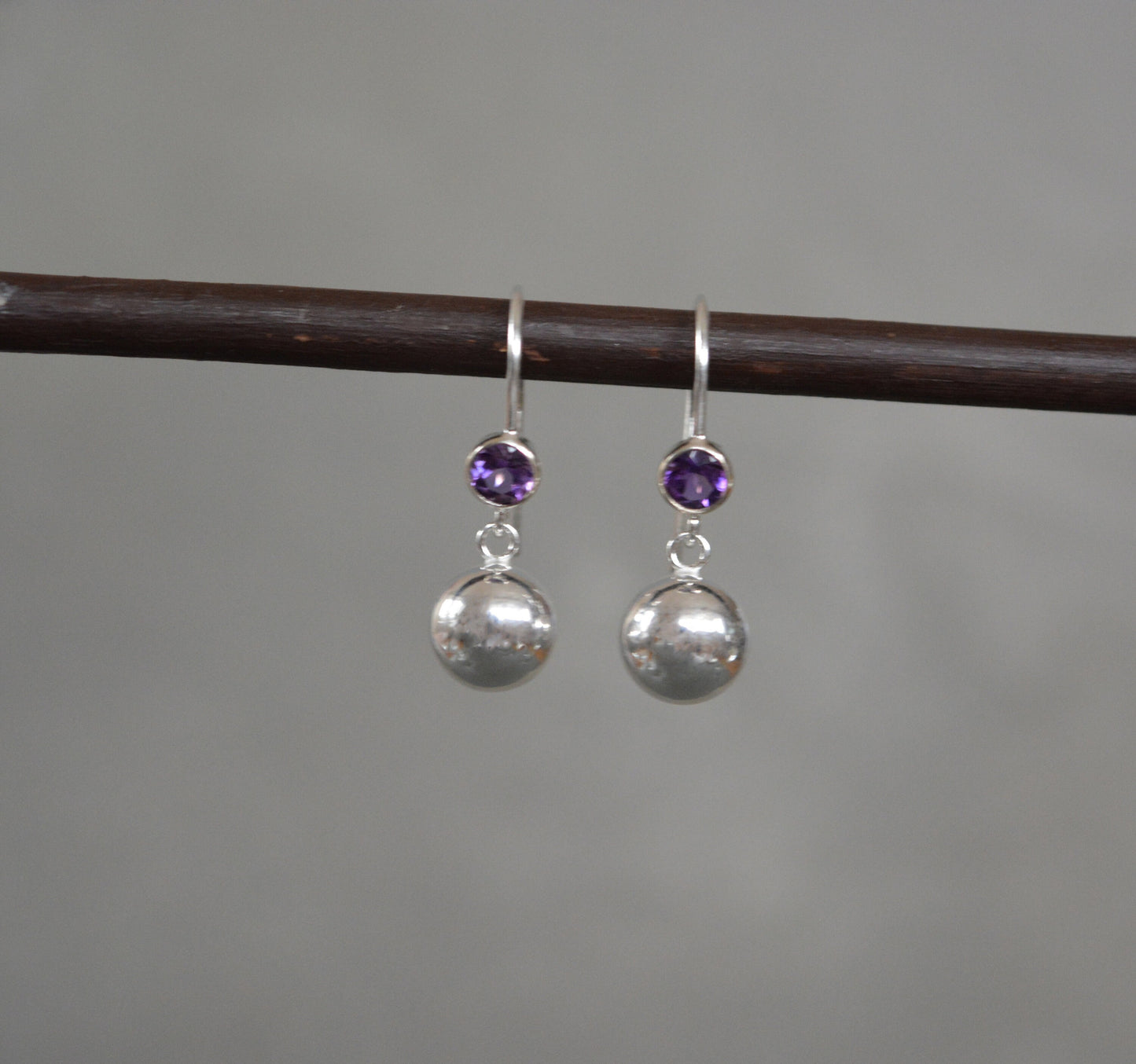 Amethyst sterling silver ball earrings. February birthstone earrings.