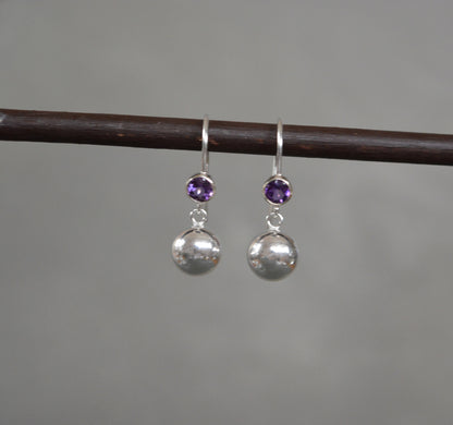 Amethyst sterling silver ball earrings. February birthstone earrings.