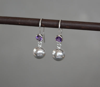 Amethyst sterling silver ball earrings. February birthstone earrings.