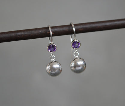 Amethyst sterling silver ball earrings. February birthstone earrings.