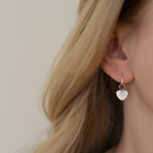 garnet sterling silver earrings with heart
