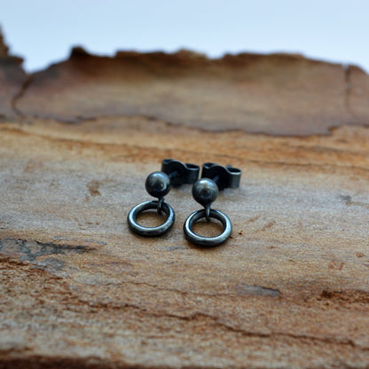 Oxidised sterling silver ball and circle stud earrings.