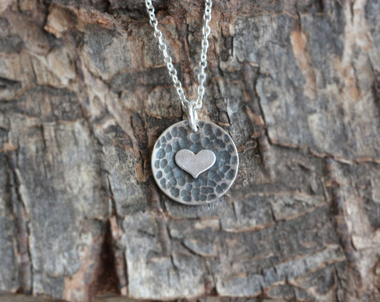 Sterling silver heart disc pendant