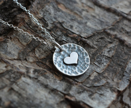 Sterling silver heart disc pendant