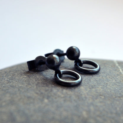 Oxidised sterling silver ball and circle stud earrings.