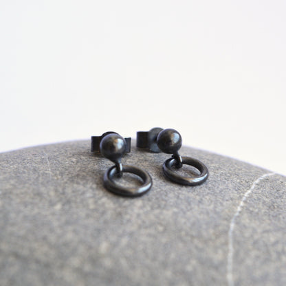 Oxidised sterling silver ball and circle stud earrings.