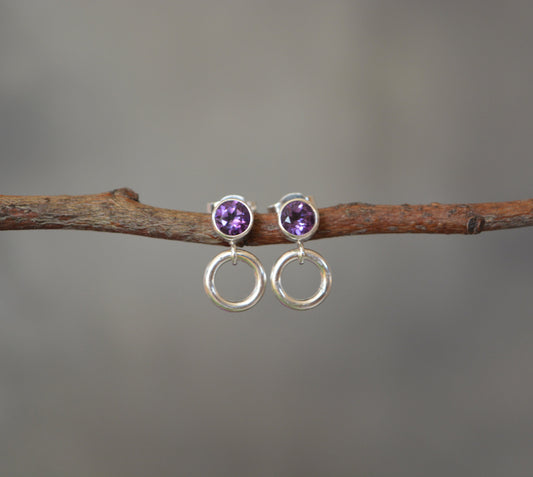 Amethyst sterling silver stud earrings. February Birthstone. Circle studs.