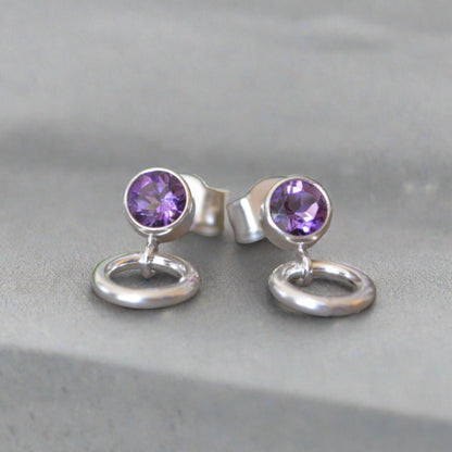 ametyst sterling silver stud earrings with a small circle