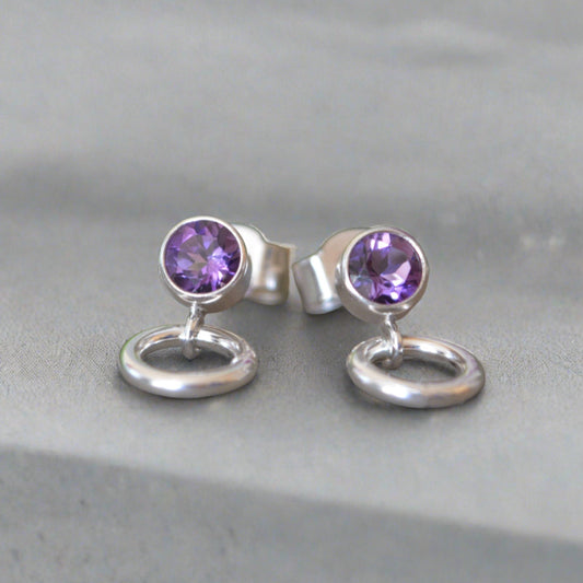 ametyst sterling silver stud earrings with a small circle