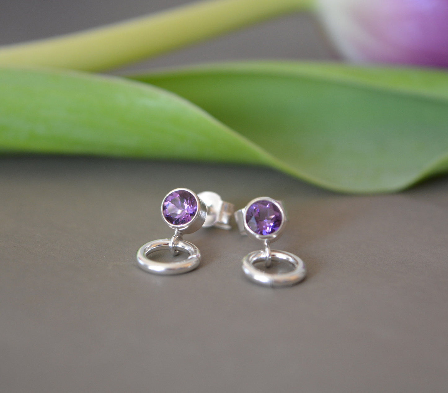 Amethyst sterling silver stud earrings. February Birthstone. Circle studs.