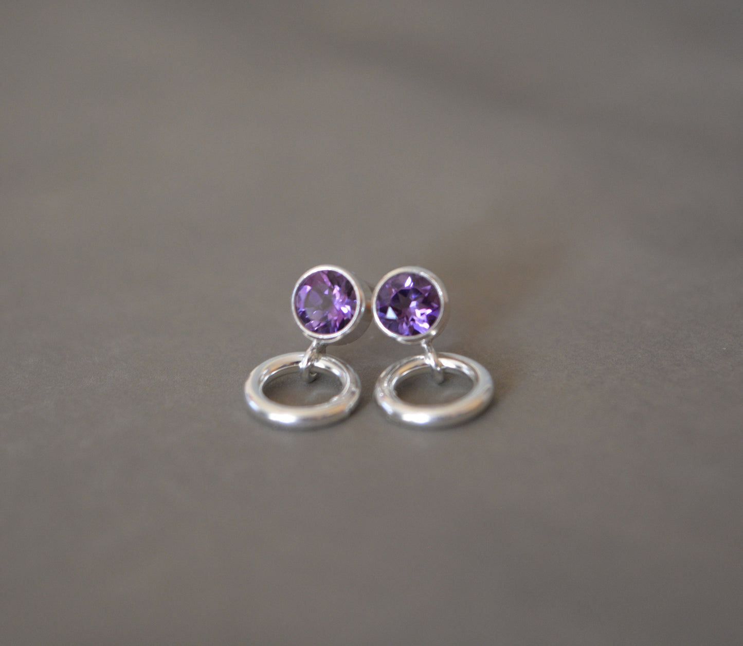 Amethyst sterling silver stud earrings. February Birthstone. Circle studs.
