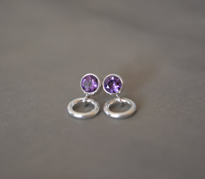 Amethyst sterling silver stud earrings. February Birthstone. Circle studs.